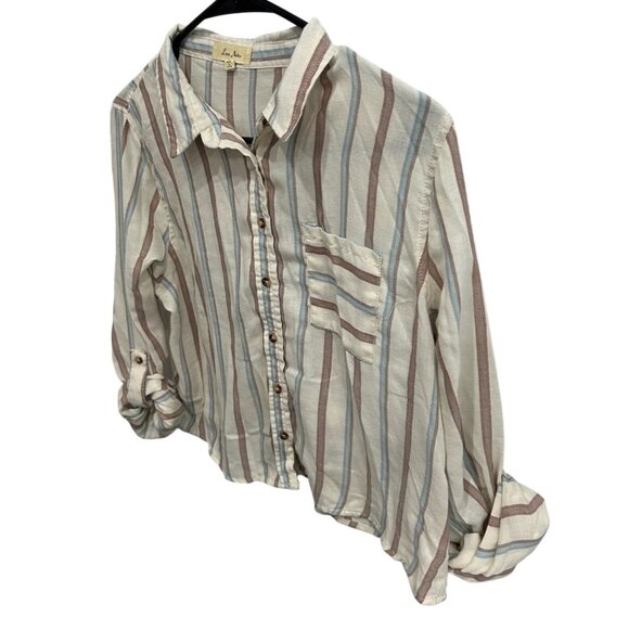 Love Notes Womens Sz Large Striped Button-Down Cropped Shirt Beige Blue Brown - Picture 3 of 10